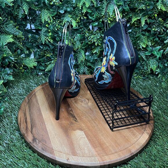 SCARLET Bootie Women 40 US 9 Black Hand Made Embroidered Floral Ankle Shoes 1980 - Picture 4 of 11